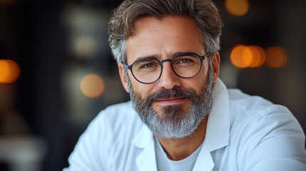 Obraz premium A confident middle-aged man with a beard and glasses smiles warmly while sitting indoors in a contemporary environment filled with soft lighting