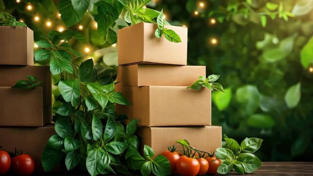 Eco-friendly packaging and fresh produce concept with cardboard boxes and tomatoes in natural setting