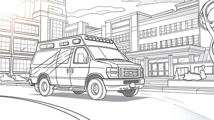 black and white ambulance for coloring book