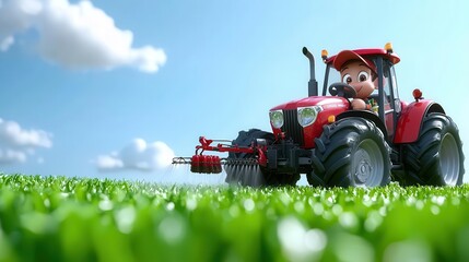 Naklejka premium Toy tractor on grass field against blue sky with fluffy clouds.
