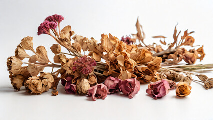 A collection of dried everlasting flowers on a white background.