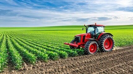 Fototapeta premium Red tractor working in lush green field under a clear blue sky.