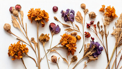 Fototapeta premium A collection of dried everlasting flowers on a white background.