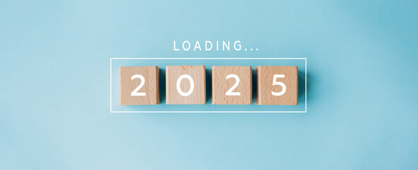2025 New Year Loading. Loading bar with wooden blocks 2025 on blue background. Start new year 2025...