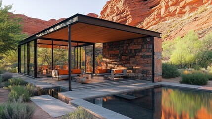 Fototapeta premium Minimalist Desert Pavilion with Glass, Stone, and Reflecting Pool