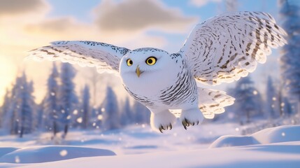 Snowy owl gracefully landing on a snow covered farm field showcasing winter wildlife beauty