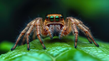 Fototapeta premium A close-up of a jumping spider with vibrant green eyes, perched on a green leaf.