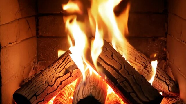 Burning fireplace with wood, Fire in the fireplace, winter atmosphere
