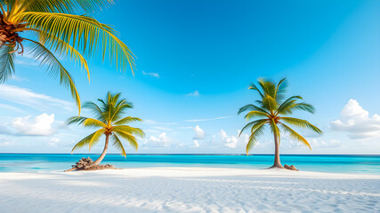 Fototapeta premium Amazing nature beach palm trees moody sky. Summer vacation travel holiday background. Maldives paradise beach. Luxury travel summer holiday tourism. Sunny coast fantastic pristine sea water. Ai gen