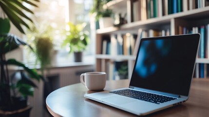 Laptop on a table with a white cup and a bookshelf  behind it.