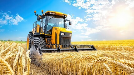 Obraz premium Tractor harvesting wheat in golden field under blue sky with sun