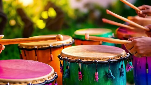 Vibrant traditional hispanic musical celebration with colorful drums in action