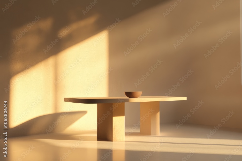 Poster minimalist table with a bowl on it in a room with sunlight coming through the window
