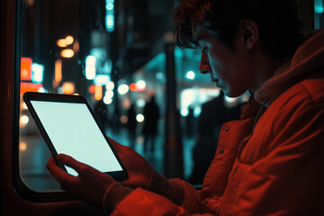 Smartphone with empty white screen, Selective focus man holding tablet with blank white screen.