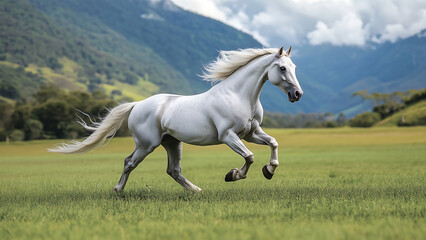 A white horse running on green field with mountain background.