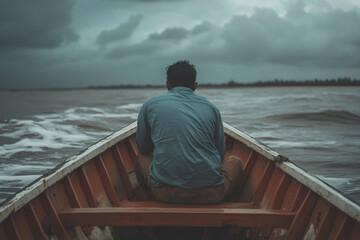 Fototapeta premium Selective focus fisherman on boat on the sea with rainy cloud, Portrait of man on wooden boat with high level sea wave during storm.