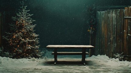 Christmas themed backdrop featuring a vacant wooden table