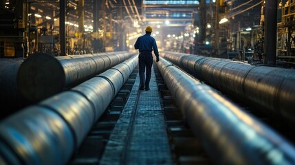 Steel Pipes Factory - Industrial Worker Walking