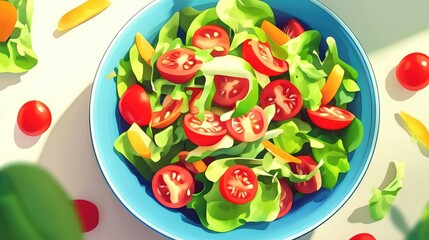 Vibrant spring vegetable salad with cherry tomatoes and sweet peppers in a blue bowl healthy vegan lunch overhead view