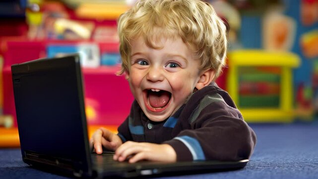 Young child joyfully interacts with a laptop while sitting on a colorful carpet in a lively classroom environment