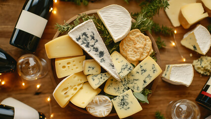 A beautifully arranged cheese platter featuring assorted cheeses and crackers