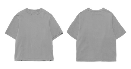 Gray shortsleeved shirt shown front and back.