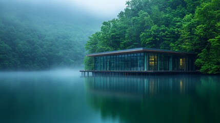 Fototapeta premium Modern Research Lab by Lake Surrounded by Forest and Morning Fog