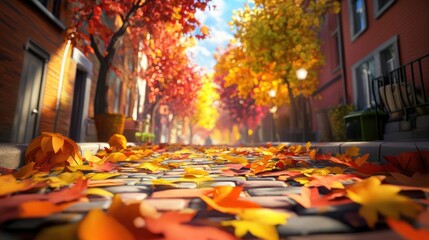 Vibrant fall foliage lining a colorful street captured from a low angle perspective showcasing autumn s beauty