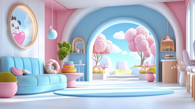 Bright and cheerful interior with pastel colors, plants, and a scenic view.