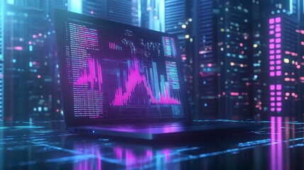 Fototapeta premium A laptop with a stock market chart on the screen in front of a futuristic cityscape.