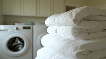 Freshly Laundered Sheets: A stack of crisp, white sheets sits neatly folded in a laundry room, exuding cleanliness and comfort. The washing machine is subtly blurred in the background.