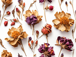 Fototapeta premium A collection of dried everlasting flowers on a white background.