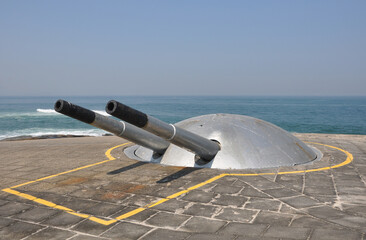 War cannons of the concrete fortification, consisting of a 190 mm battery dome. This tower is part...