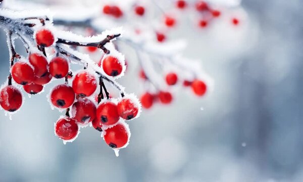 frozen branch with holly berry on snowy winter day