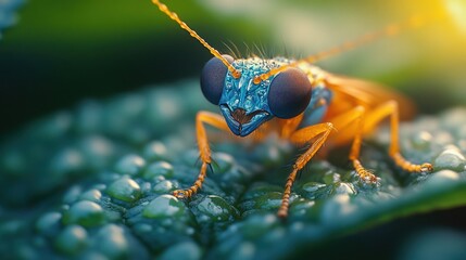Fototapeta premium A close-up of a blue and orange insect with large eyes on a dew-covered leaf.