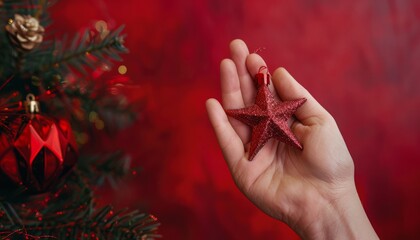 Festive Collage: Decorated Christmas Tree with Red Star and Handmade Toy on Red Background