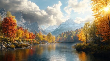 A tranquil river meanders along rugged shores capturing sunlight and bordered by colorful trees with towering mountains rising in the distance