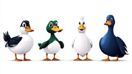 Naklejka premium Four colorful cartoon ducks standing in a row on a white isolated background.