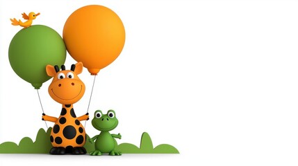 Fototapeta premium Cartoon giraffe and frog holding colorful balloons, white isolate background