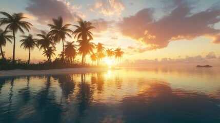 A serene coastal view showcases palm trees on an island mirroring warm sunset hues over calm waters and a sandy beach