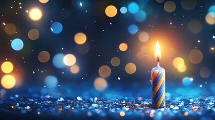 Birthday candle for the milestone celebration amid bright lights and a vibrant blue backdrop
