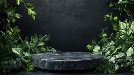 Black stone display podium against a dark backdrop for product promotion Marble pedestal and green foliage create a minimalist setting for showcasing items