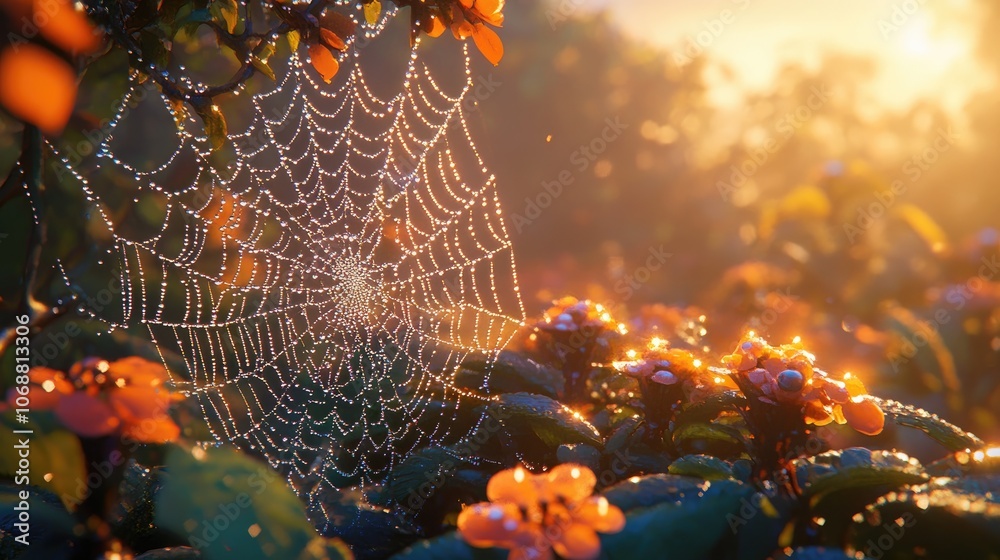 Wall mural dewdrops glistening on an intricate spider web at dawn capturing the beauty of nature s delicate des