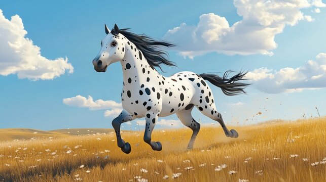 Beautiful Knabstrupper horse galloping through a sunlit summer field showcasing grace and agility