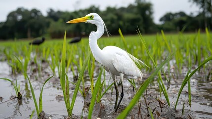 Great egret in a rice field amidst lush green stalks and wet soil.