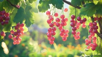 Sweet pink currants hanging on lush green vines in a vibrant garden setting