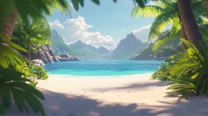 White sandy beach with turquoise ocean and mountains visible through palm branches a perfect tropical getaway scene