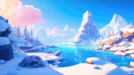 Stunning winter landscape of snow covered fjords under a clear blue sky ideal for travel inspiration and nature appreciation