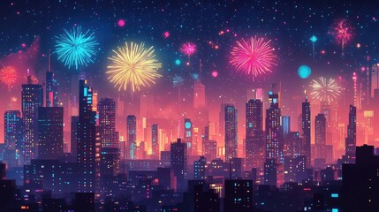 Fototapeta premium Vibrant fireworks illuminating a sprawling night city skyline festive celebration and entertainment