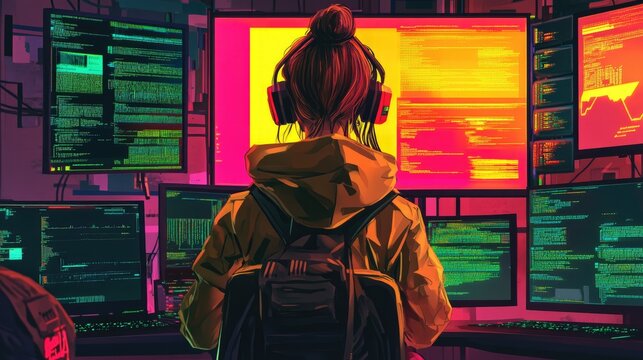 Back view of a female hacker encountering access denial while attempting to breach a firewall system